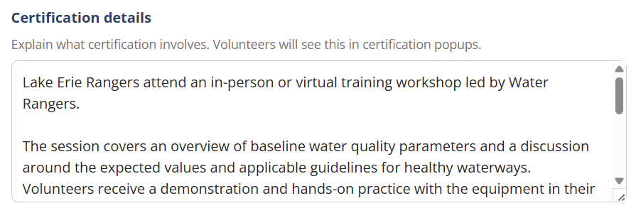 Certification details for a dataset.