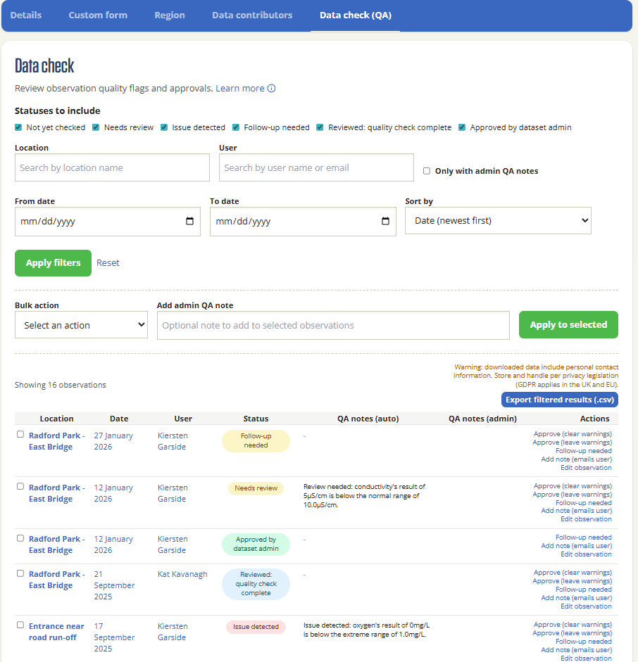 Dataset administrators use the data check dashboard to review flagged observations, filter, and export data. Click the image to view it in a larger window.
